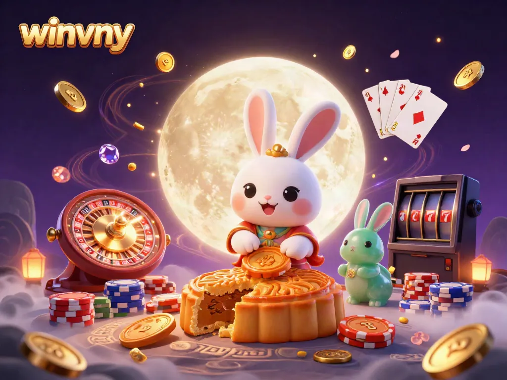 Explore winvny's immersive casino experience with a whimsical moon rabbit and dazzling game elements in vibrant colors.