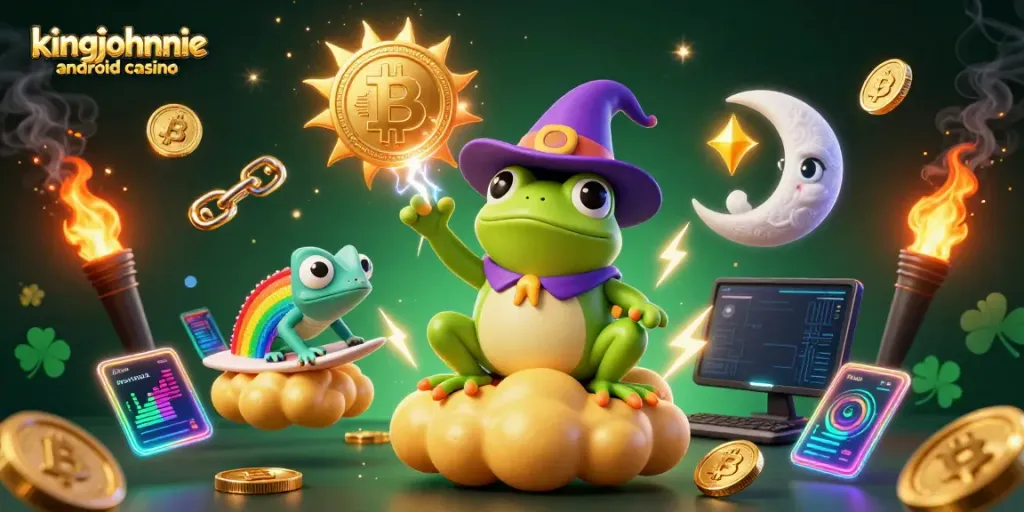 Play and win at kingjohnnie android casino with a vibrant 3D illustration of playful characters and golden coins.