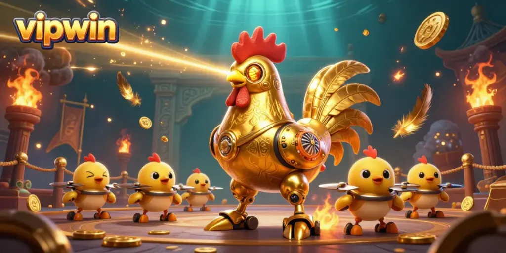 Experience thrilling gameplay with the golden rooster robot leader of vipwin and its chick drones.