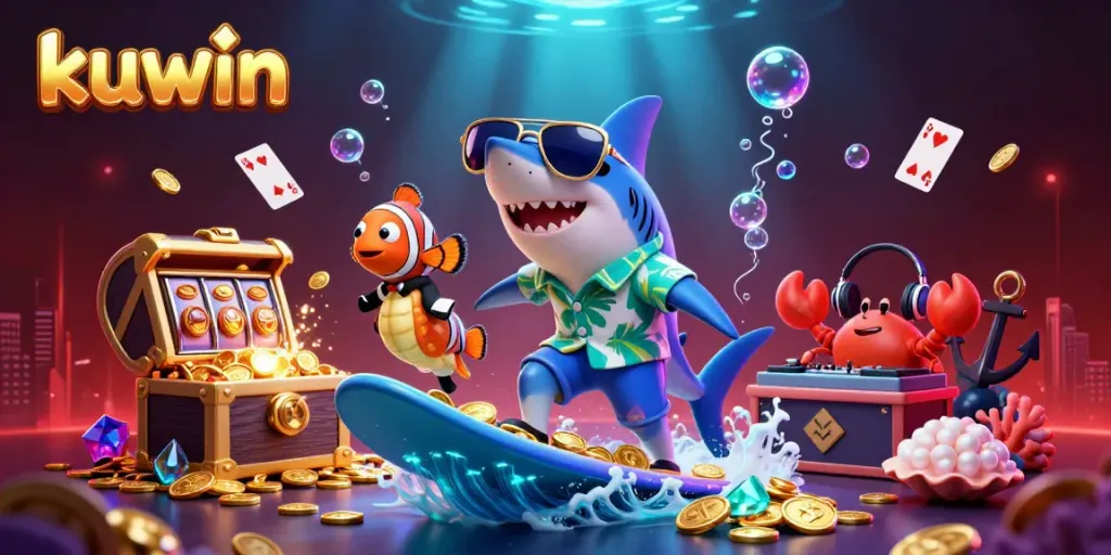Experience the vibrant world of kuwin's online casino with a shark and friends gaming in a treasure-filled underwater scene.