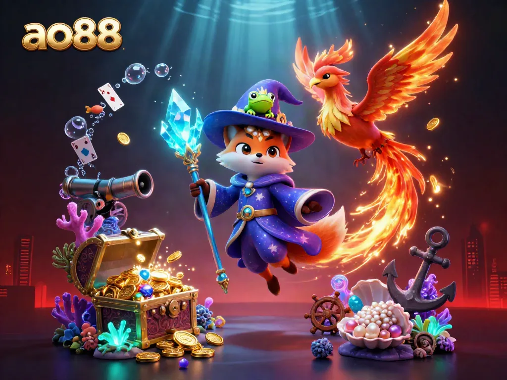 Experience the magic of ao88 with a mystical 3D fox wizard, phoenix, and underwater treasures.