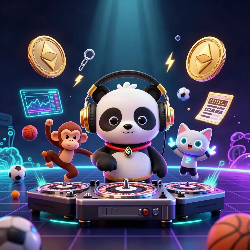 Neon DJ panda, breakdancing monkey and glow-stick kitten amid casino crypto effects