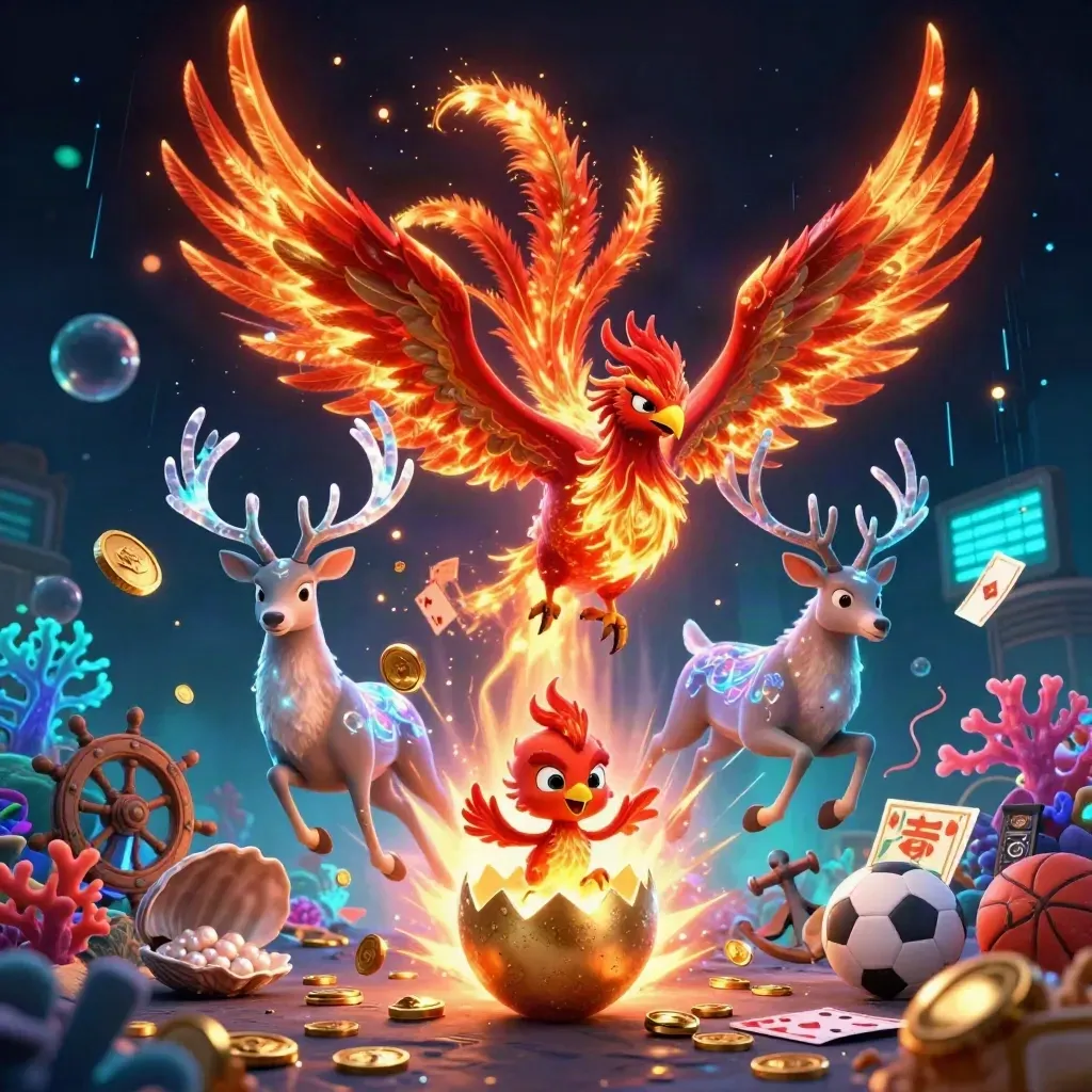 Phoenix, stag, and treasure cove with sports balls in neon casino light