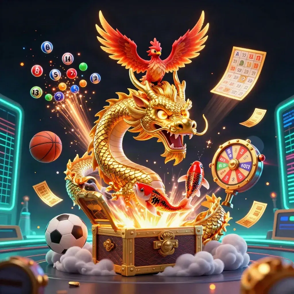 Golden dragon with phoenix, koi, treasure chest, and casino-game elements in neon esports lighting.