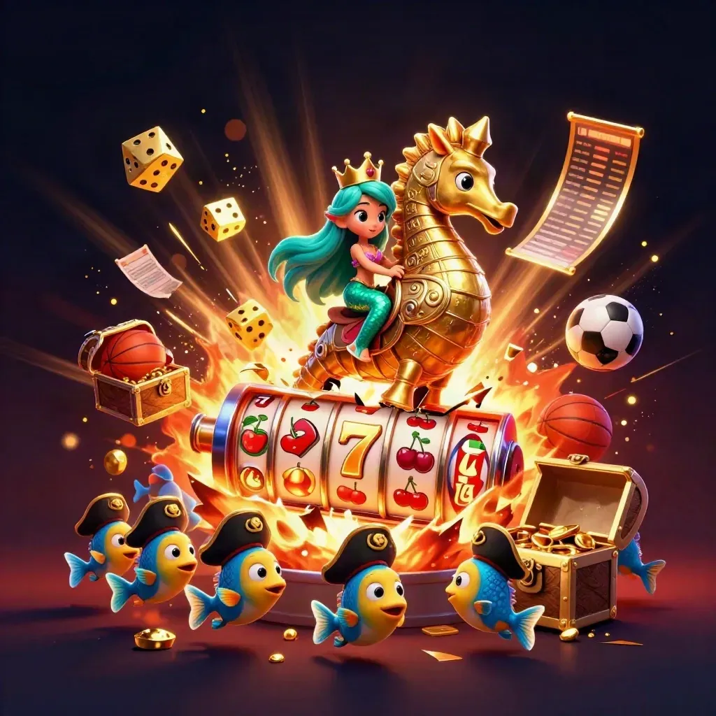 Mermaid princess on a seahorse amid casino bursts, balls, gold, and glowing teal-crimson light.