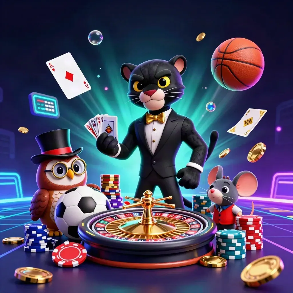 Panther, owl, and mouse amid casino chips, cards, coins, balls, and neon glow.