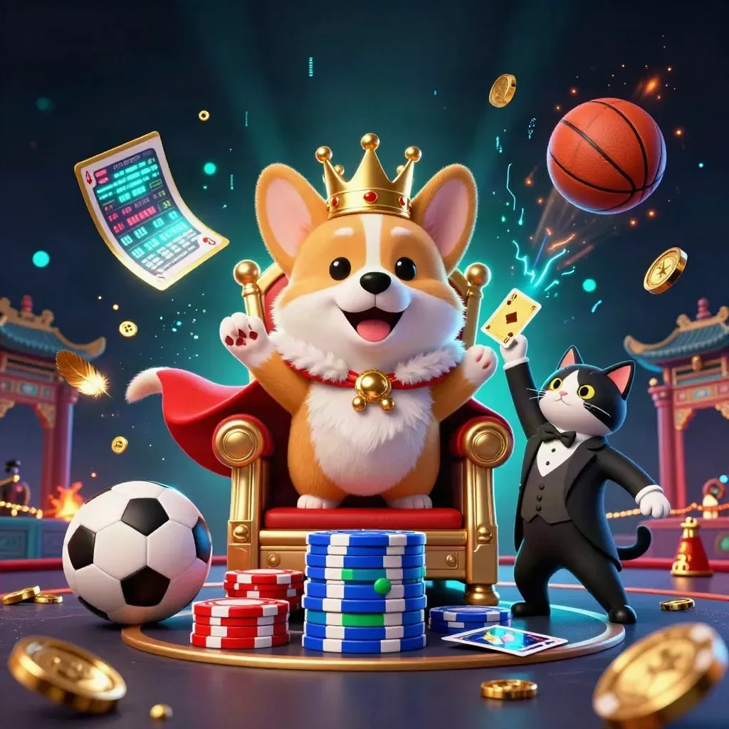 Royal corgi and cat butler amid flying chips, balls, gold particles, neon energy, dark esports casino glow