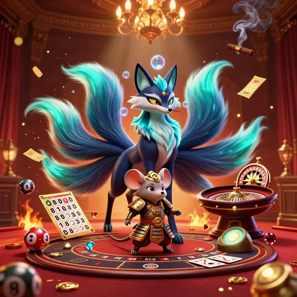 Neon fox spirit and samurai mouse amid casino game icons in a fiery luxe room.