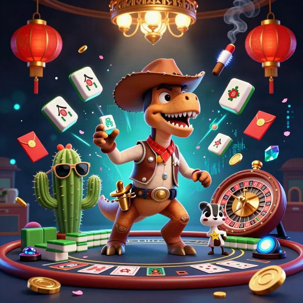 Cowboy T-Rex, cactus, and roadrunner in a neon casino room with mahjong, coins, lanterns, and roulette