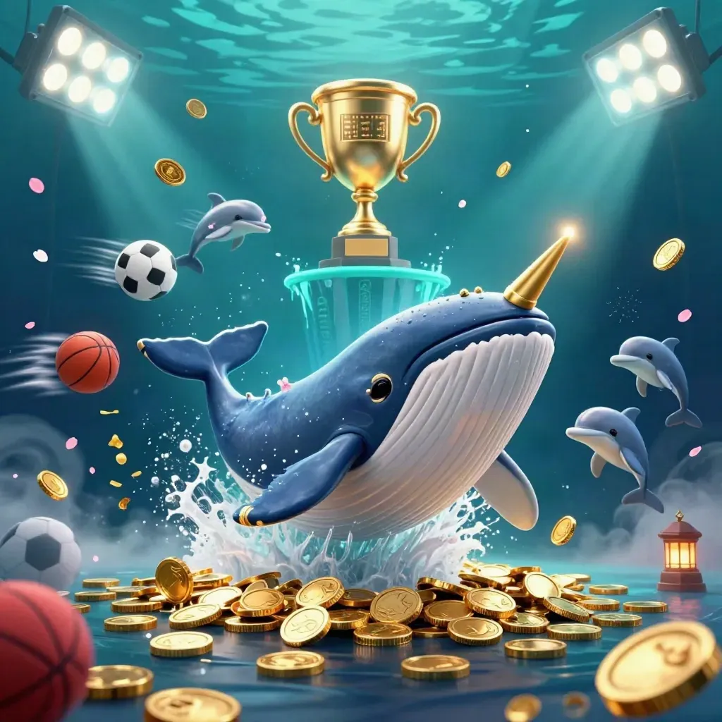 Whale captain, narwhal, and dolphins amid coins, sports balls, trophy, and teal-blue casino glow.
