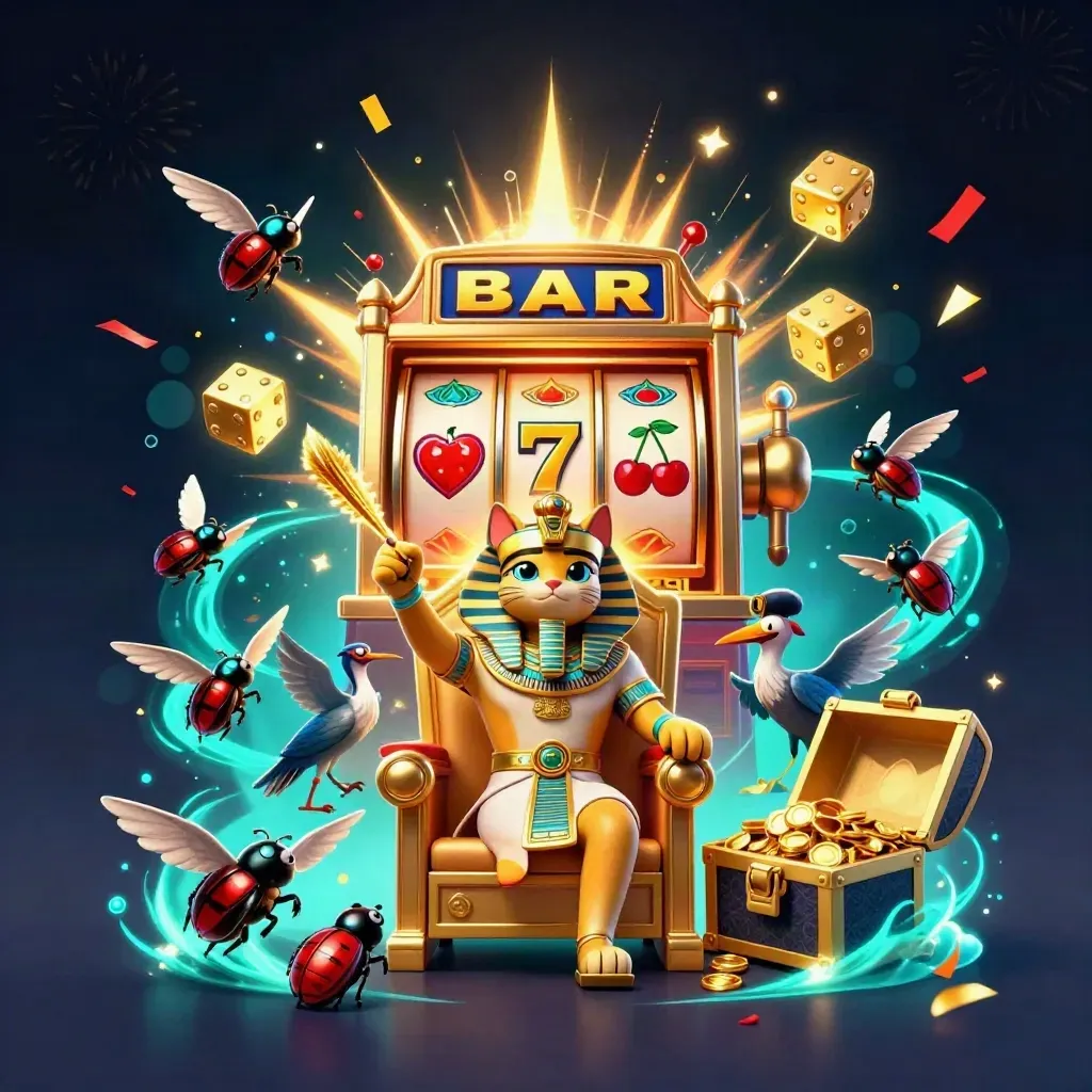 Pharaoh cat, ibis scribe, and scarab beetles amid a bursting slot machine, gold, gems, and teal magic.