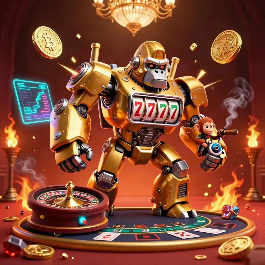 Golden gorilla mech and tiny monkey pilot amid casino lights, crypto coins, roulette and cards