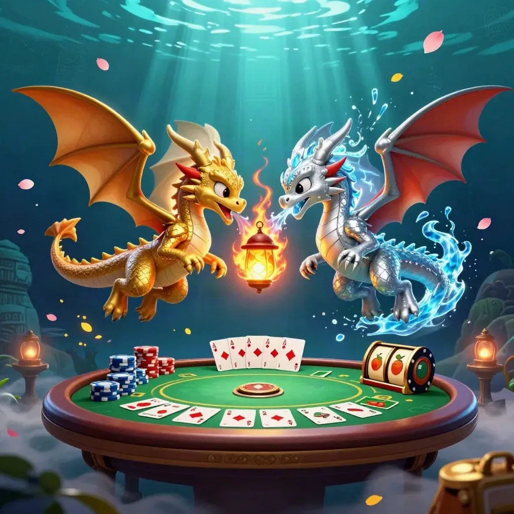 Twin gold and silver dragons swirl above poker cards and chips in teal-lit underwater fantasy.