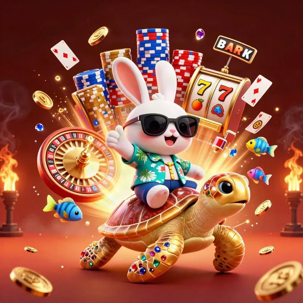 Lucky rabbit rides a gem turtle amid coins, cards, chips, and roulette in neon casino style.