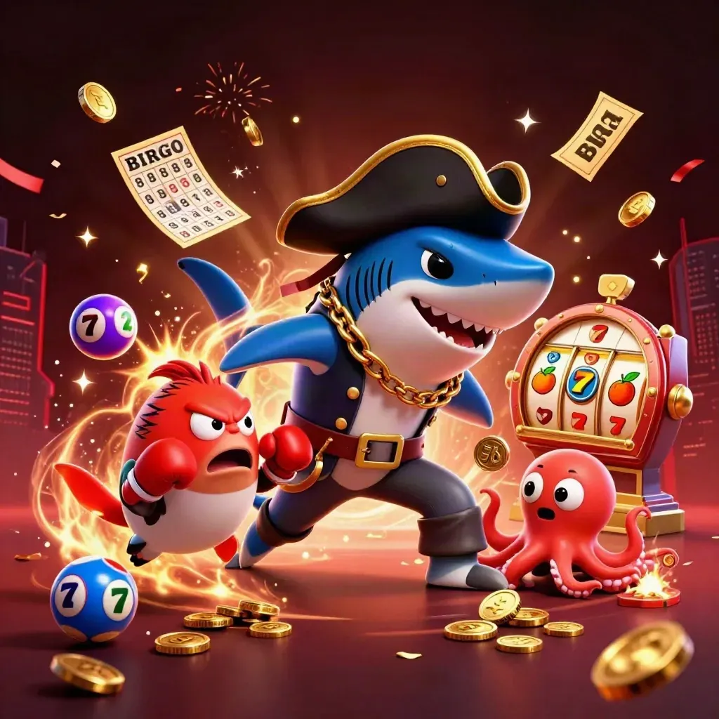 Shark pirate, boxing pufferfish, and octopus amid casino bursts and neon effects
