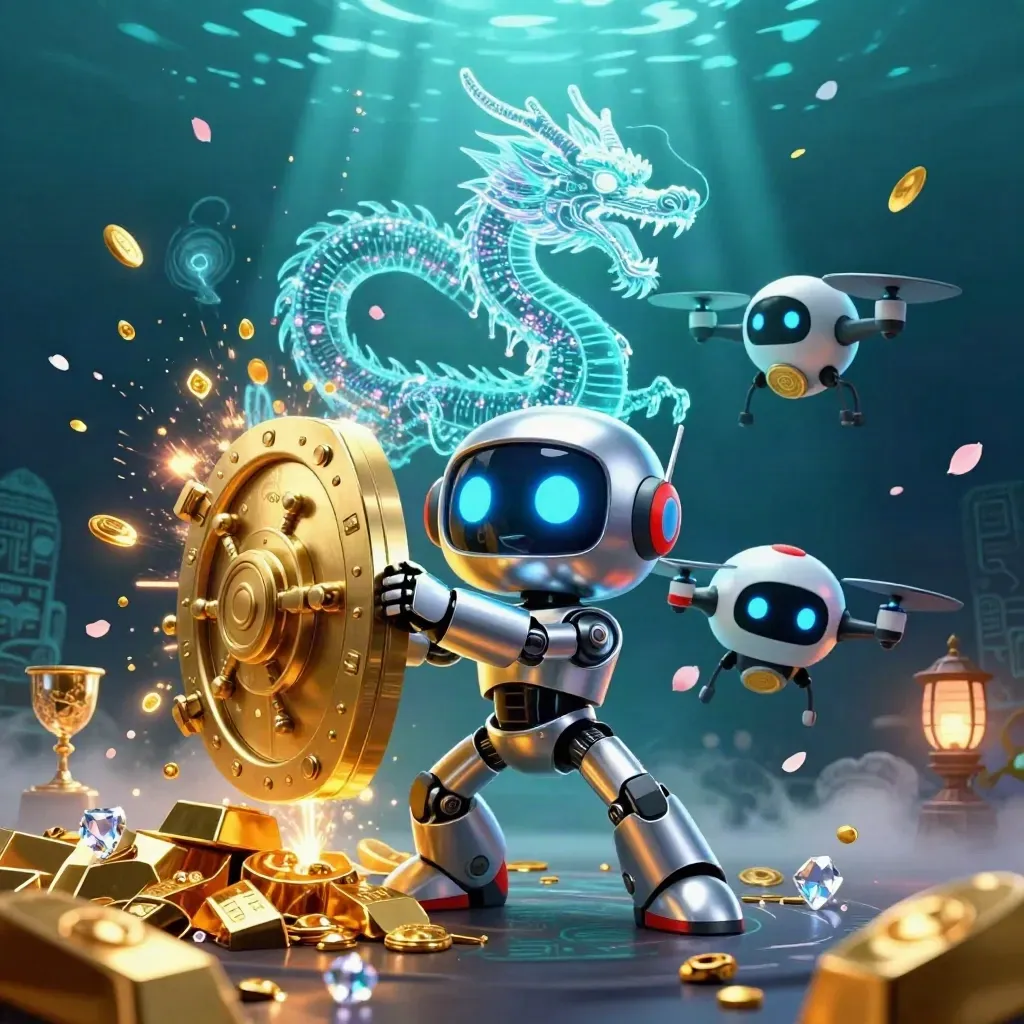 Cyberpunk robot, holographic dragon and coin drone burst from a glowing treasure vault underwater.