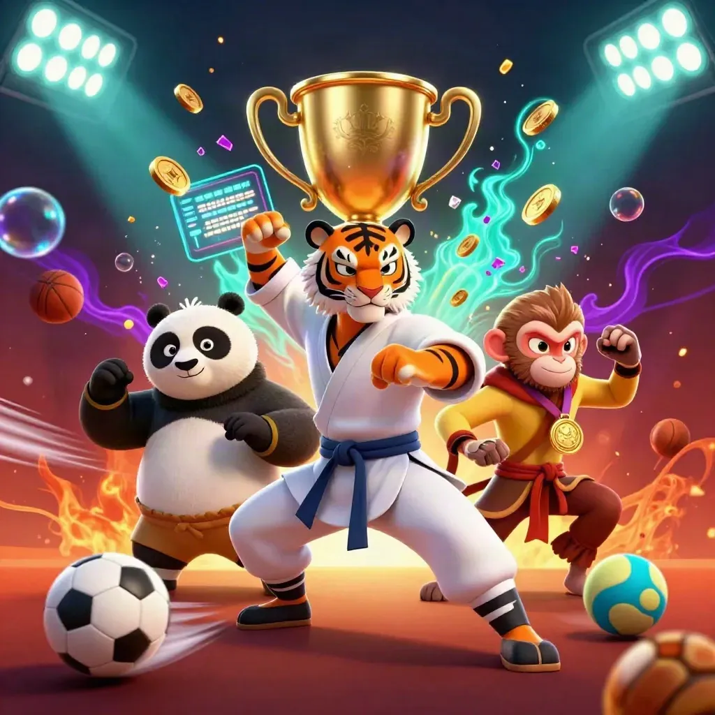Kung-fu tiger, panda, and monkey in neon esports splash with trophy, balls, coins, and teal glow