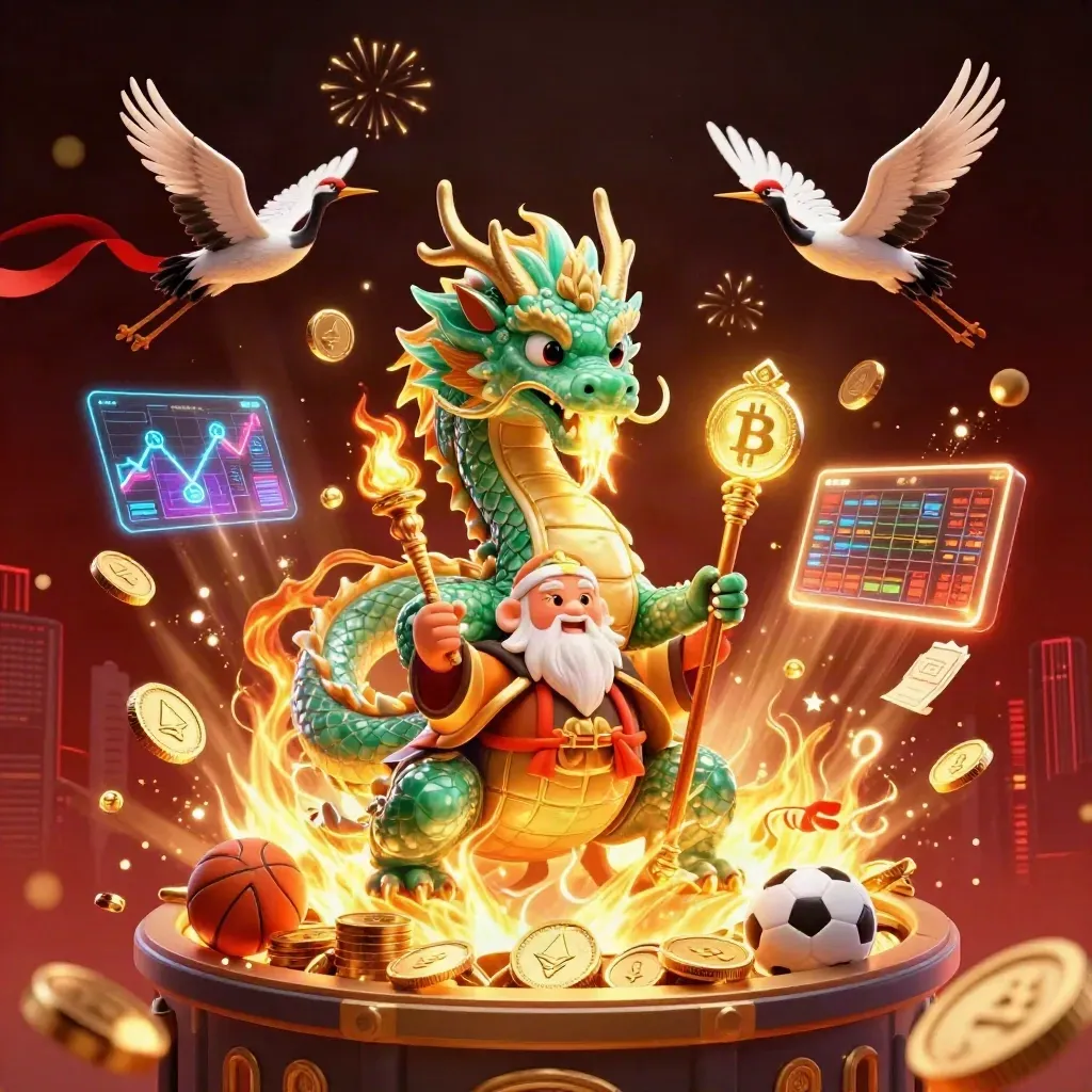 Dragon, turtle sage, and cranes amid coin burst, neon crypto odds, fireworks, and a dark red skyline.