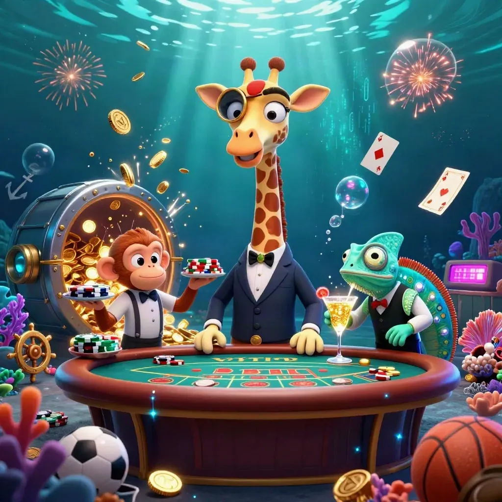 Giraffe high roller, monkey valet, and chameleon bartender amid coins, coral, and neon underwater energy