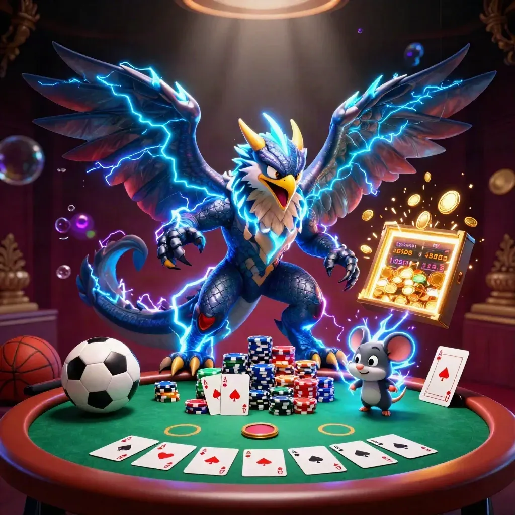 Thunder dragon, wind hawk and static mouse amid coins, chips, cards and neon casino effects.