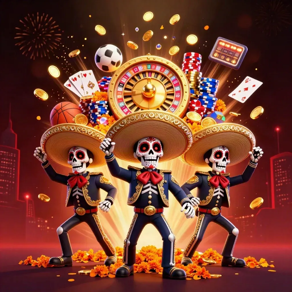 Skeleton mariachi trio amid coins, chips, roulette, fireworks, and neon casino glow