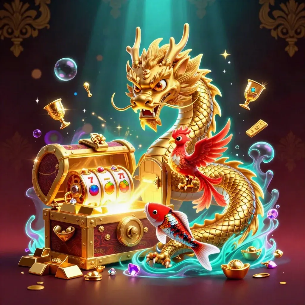 Golden dragon with phoenix and koi amid a bursting treasure vault, casino symbols, and neon glow.