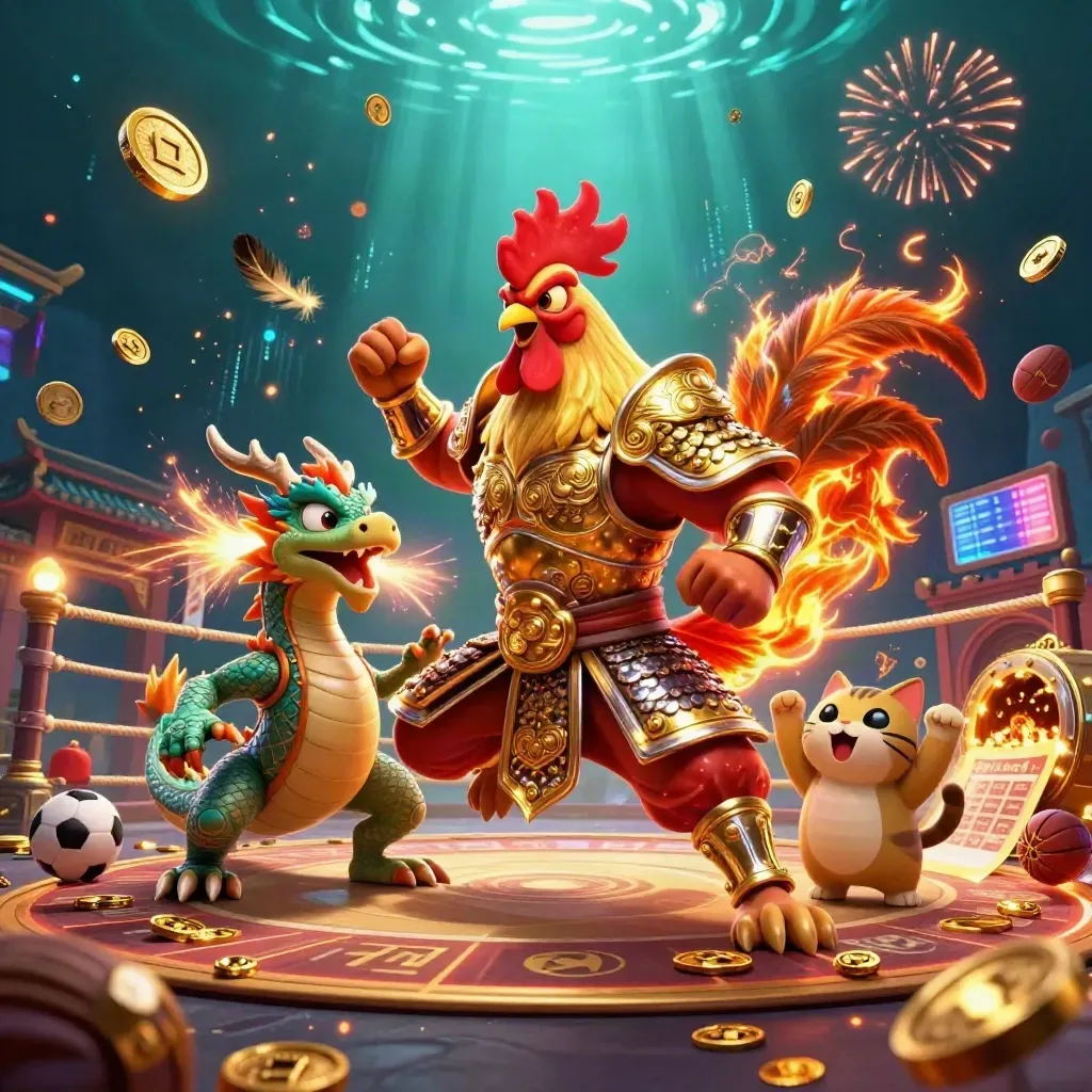 Rooster warrior, dragon hatchling, and fortune-cat amid coins, sparks, and neon celebration