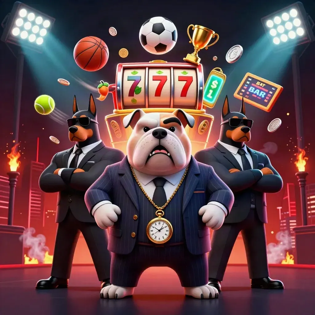 Bulldog mafia boss with two Doberman guards amid casino reels, sports balls, trophy, coins, and neon lights.