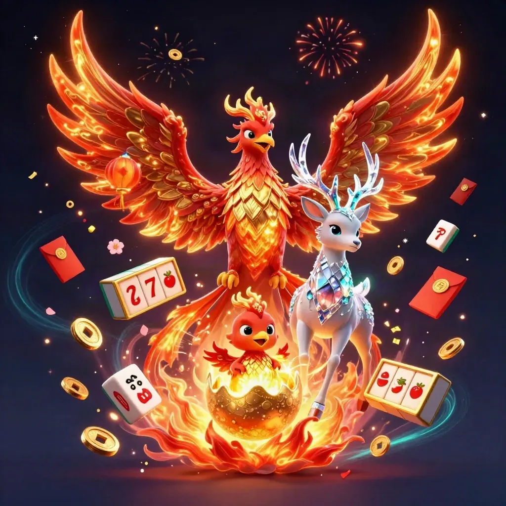 Crimson phoenix, hatchling, and crystal-antler stag amid casino symbols and fireworks on a dark neon background.