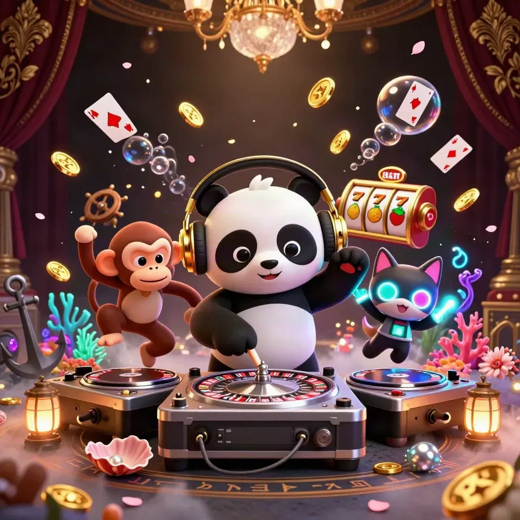 DJ panda, breakdancing monkey, and rave kitten spin amid treasure, reels, and neon casino glow.
