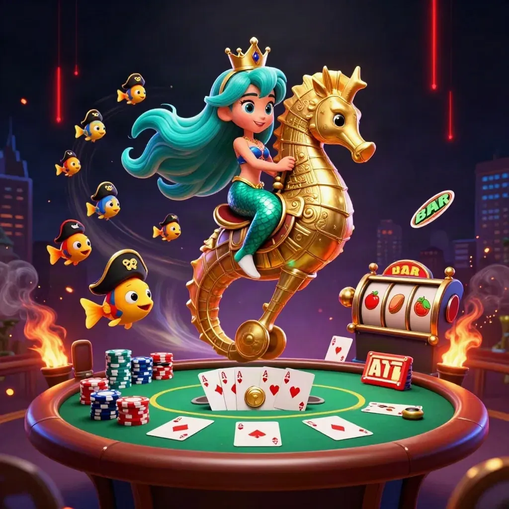 Mermaid princess rides armored seahorse amid pirate fish, poker chips, aces, reels, and fiery neon casino effects.