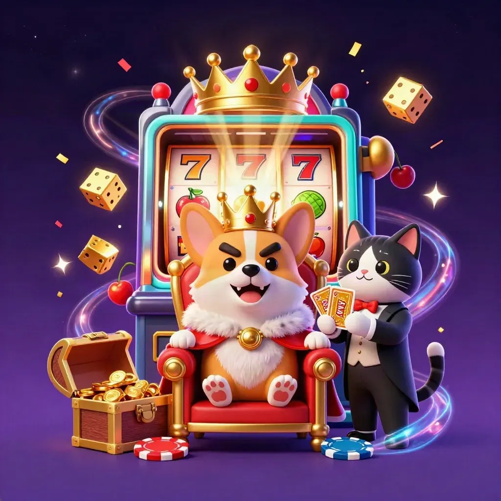 Royal corgi and cat butler amid slot reels, jackpots, dice, and treasure in neon casino splash art