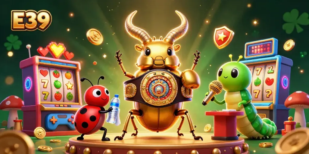 Experience thrilling E39 casino action with a golden stag beetle and vibrant slot machines.