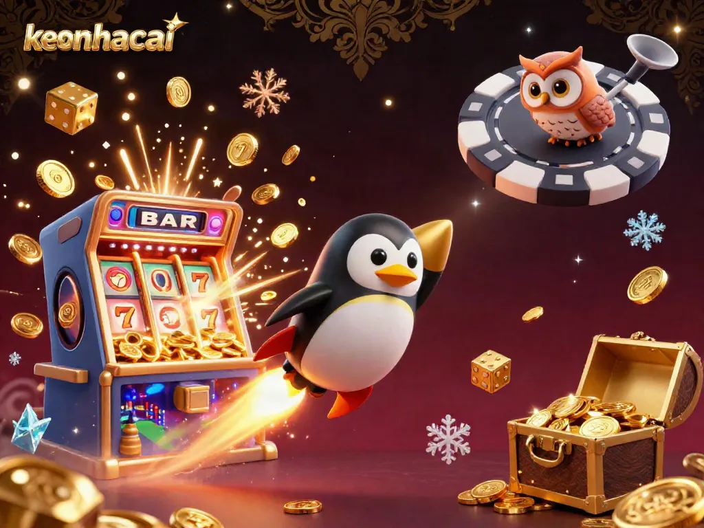 Experience keonhacai with a golden penguin zooming to a casino space station surrounded by exciting gaming elements.