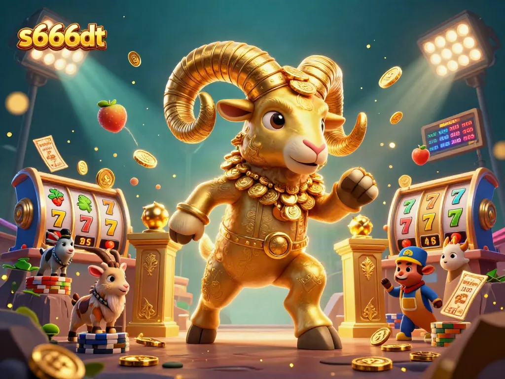 Witness a thrilling action scene at s666dt with golden ram charging the jackpot reels while coins shower down.