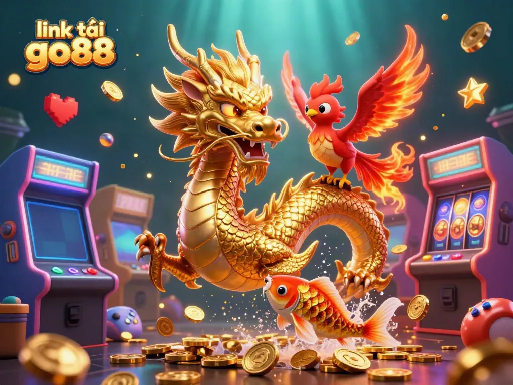 Experience the thrill with link tải go88 featuring a golden dragon and phoenix in a vibrant casino scene.