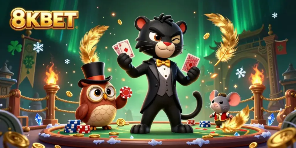 8KBET showcasing a stylish panther dealing cards with an owl and mouse in a rich dynamic casino scene.