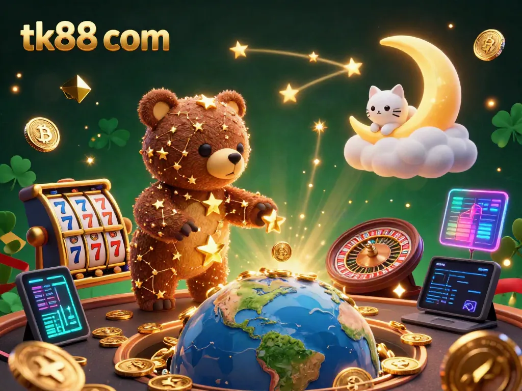 Experience thrilling casino excitement at tk88 com with a vibrant 3D illustration of gaming elements.