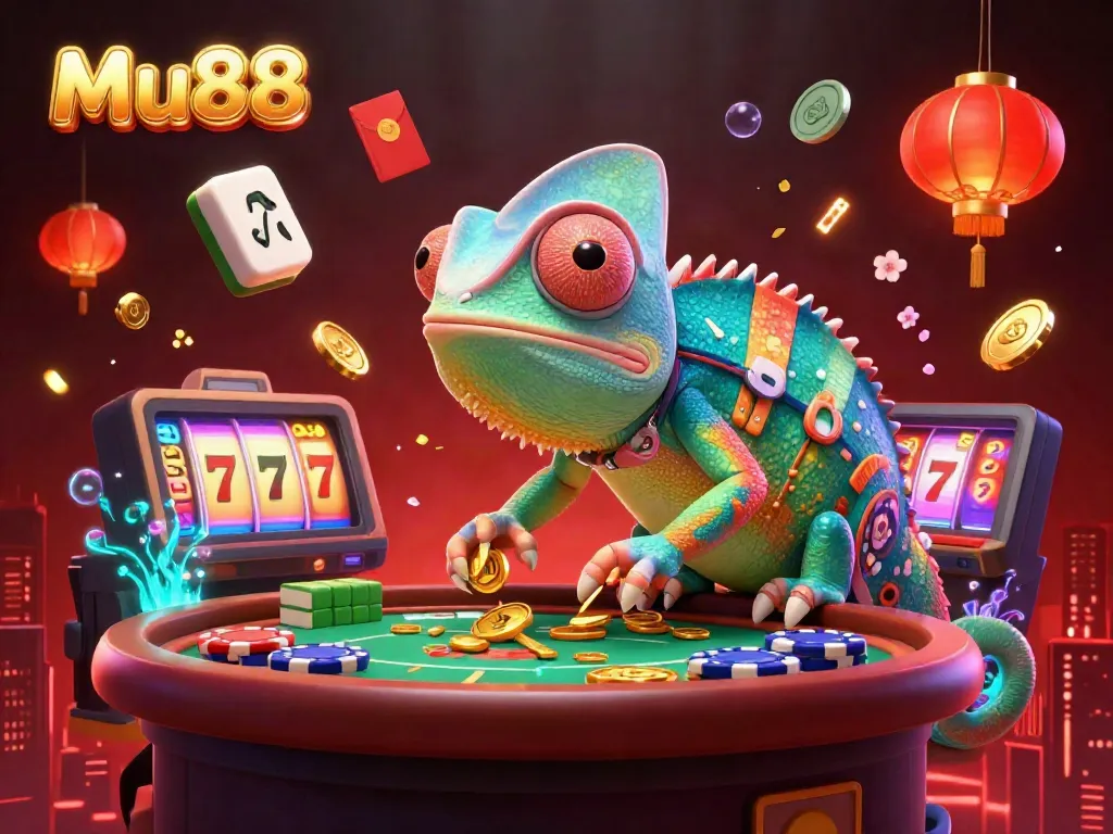 Mu88 chameleon casino owner in a vibrant 3D illustration capturing the excitement of online slots.