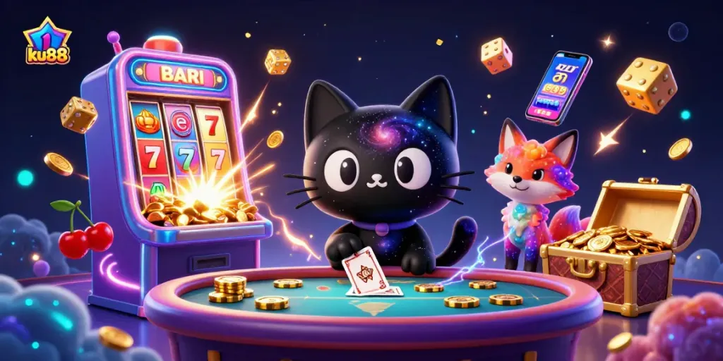 ku88 gaming scene featuring a cosmic cat and fox surrounded by casino elements.