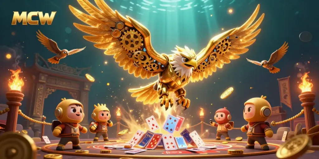 MCW showcases a dynamic golden eagle soaring amidst holographic playing cards in a vibrant casino-themed illustration.
