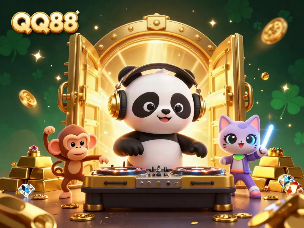 Experience the excitement of QQ88 with a DJ panda, breakdancing monkey, and glow-stick kitten in a vibrant casino scene.