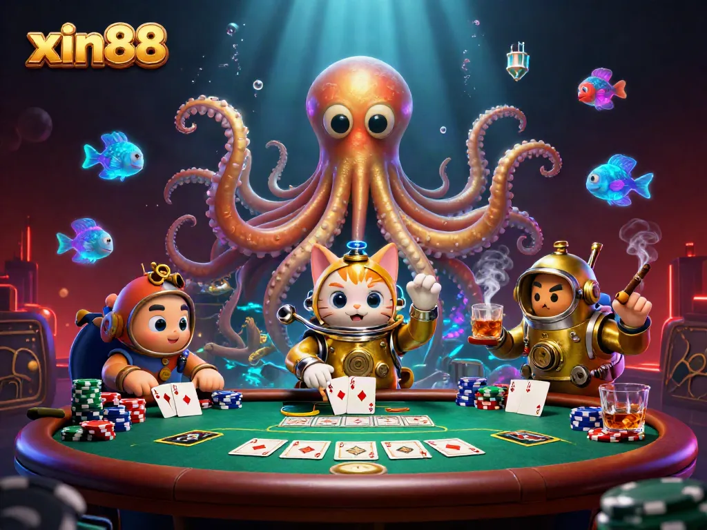 Experience the thrill of xin88 with a dynamic scene featuring a kraken, diving cat, and poker elements.