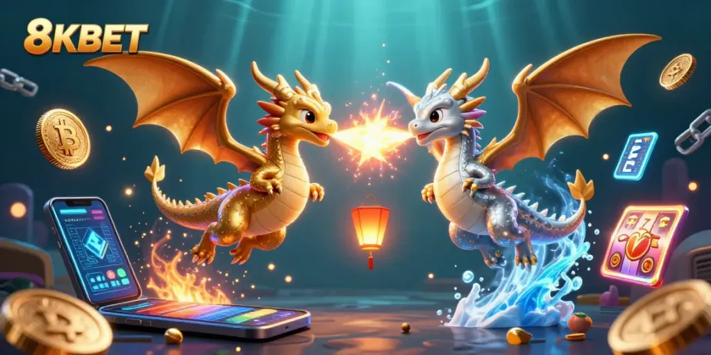 Engage with 8KBET's thrilling casino atmosphere featuring dragons, crypto elements, and vibrant game icons.