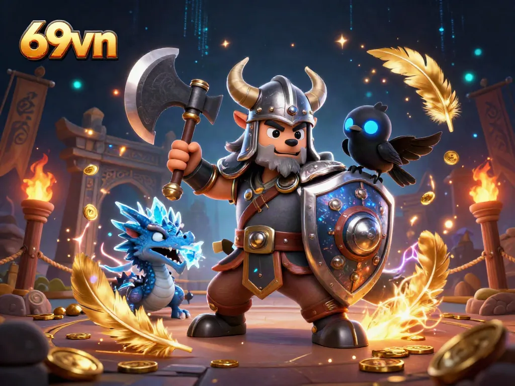 Engage in thrilling gameplay at 69vn with a Viking wolf and dragon in an epic casino arena.