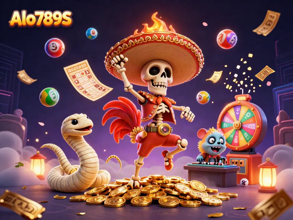 Alo789S captivates with a lively 3D casino scene featuring festive characters amidst vibrant gambling elements.