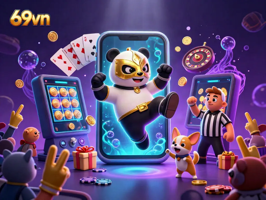 Engage with the excitement of 69vn's gaming scene, showcasing a dynamic kick from a panda wrestler amidst colorful casino elements.