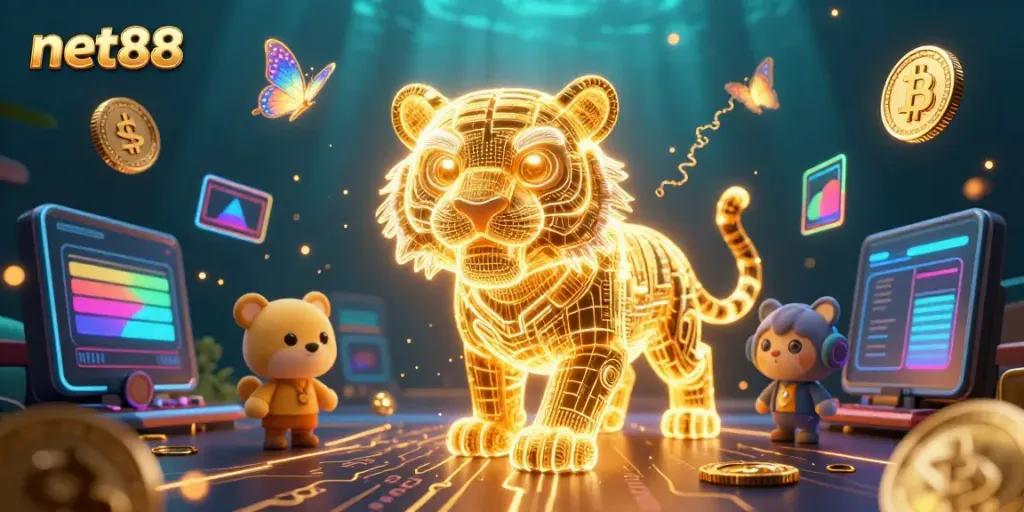 Experience the excitement at net88 with a vibrant digital casino scene featuring a neon tiger and crypto elements.