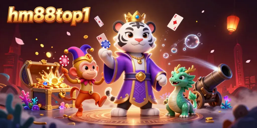 Experience the thrill of gaming with hm88top1 featuring a majestic white tiger, golden monkey, and jade dragon amidst vibrant casino elements.