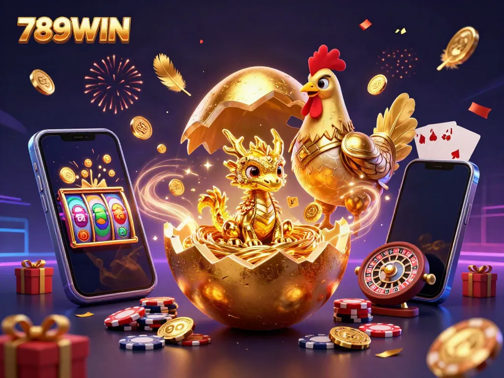 Experience the thrilling world of 789WIN with a golden dragon and poker chips in vibrant celebration.